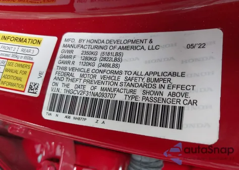 2022 Honda Accord Sport 2.0T из США, поврежденный, VIN 1HGCV2F31NA093707